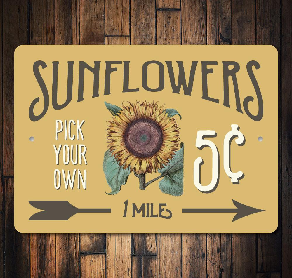 A vibrant Sunflowers 5 Cents Sign made of high-quality aluminum, featuring a cheerful sunflower design, perfect for home decor.