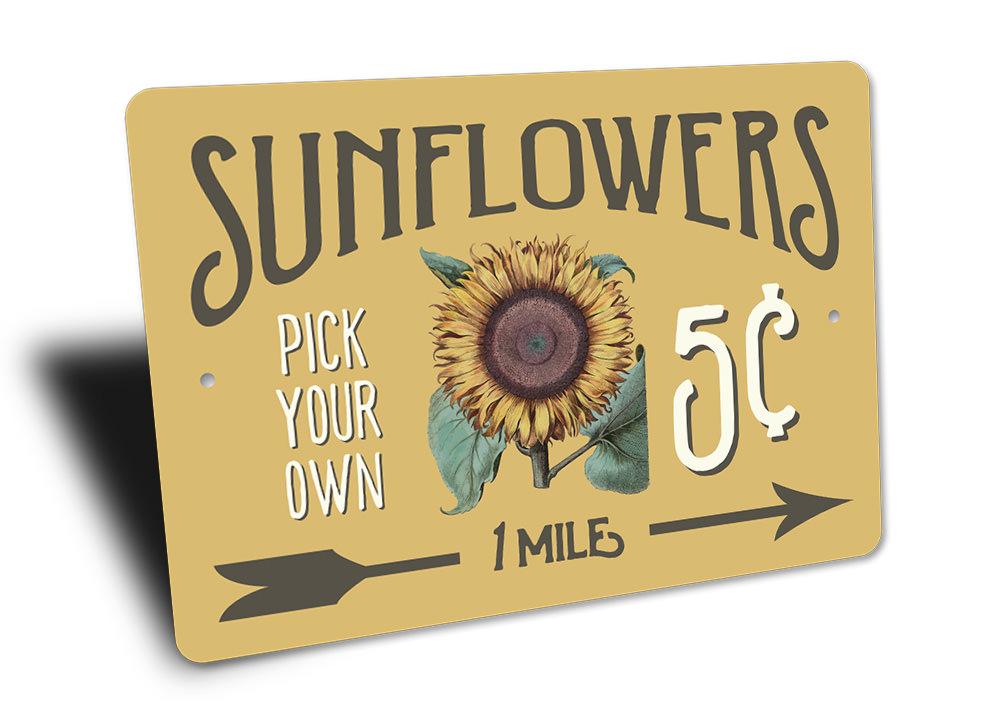 A vibrant Sunflowers 5 Cents Sign made of high-quality aluminum, featuring a cheerful sunflower design, perfect for home decor.