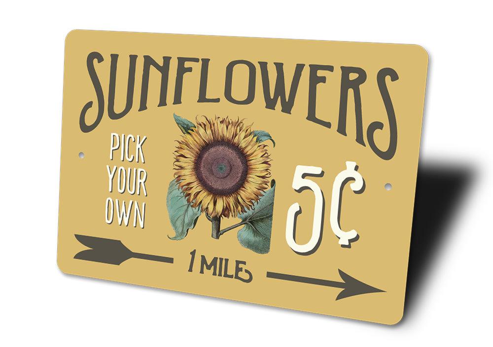 A vibrant Sunflowers 5 Cents Sign made of high-quality aluminum, featuring a cheerful sunflower design, perfect for home decor.