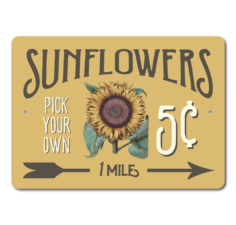 A vibrant Sunflowers 5 Cents Sign made of high-quality aluminum, featuring a cheerful sunflower design, perfect for home decor.