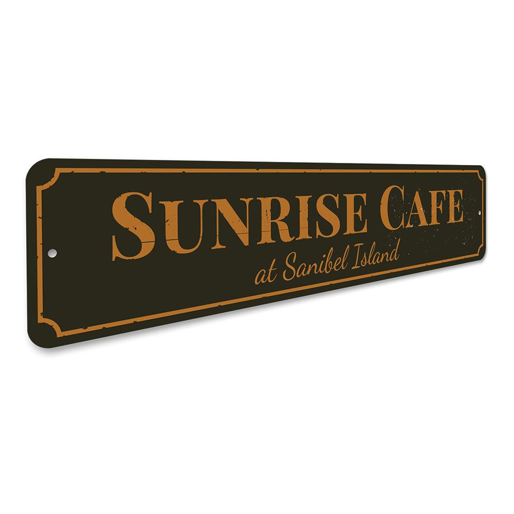 A beautifully crafted Sunrise Cafe Sign made of aluminum, featuring vibrant colors and customizable text, perfect for beach-themed decor.