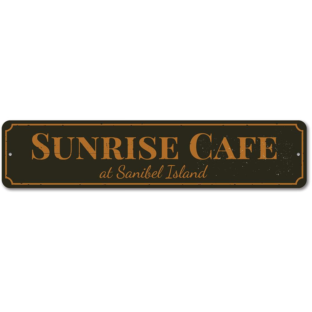 A beautifully crafted Sunrise Cafe Sign made of aluminum, featuring vibrant colors and customizable text, perfect for beach-themed decor.