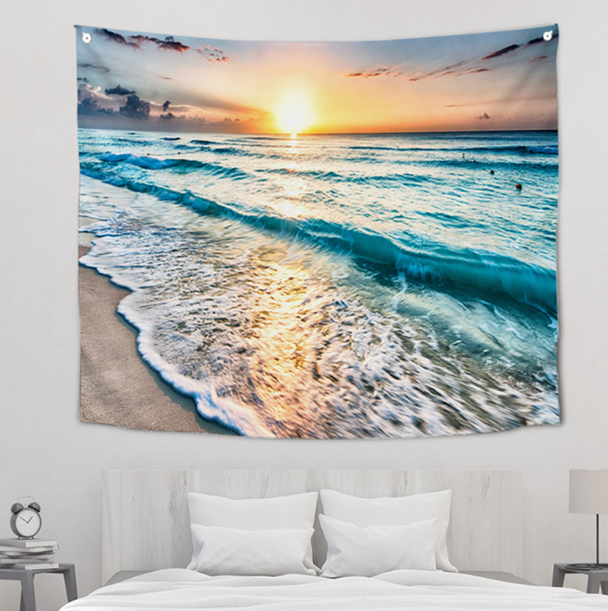 A vibrant Sunset fabric poster measuring 150cm x 130cm, showcasing a modern design perfect for home decor.