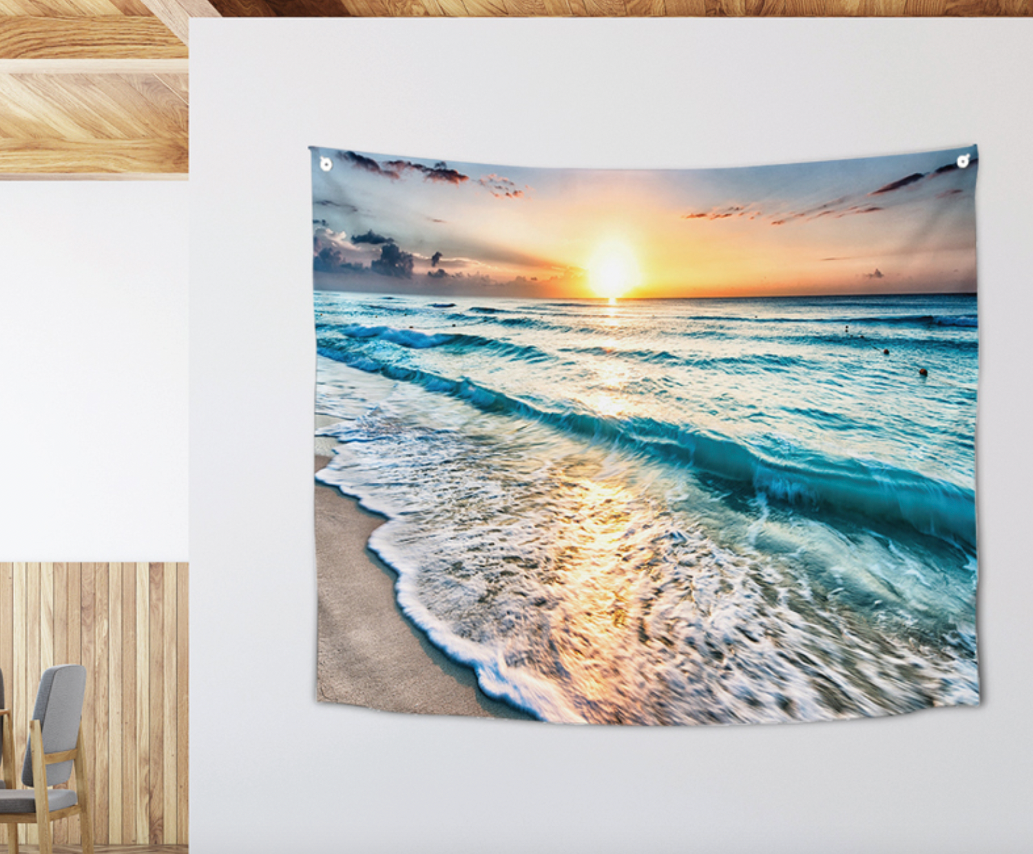 A vibrant Sunset fabric poster measuring 150cm x 130cm, showcasing a modern design perfect for home decor.