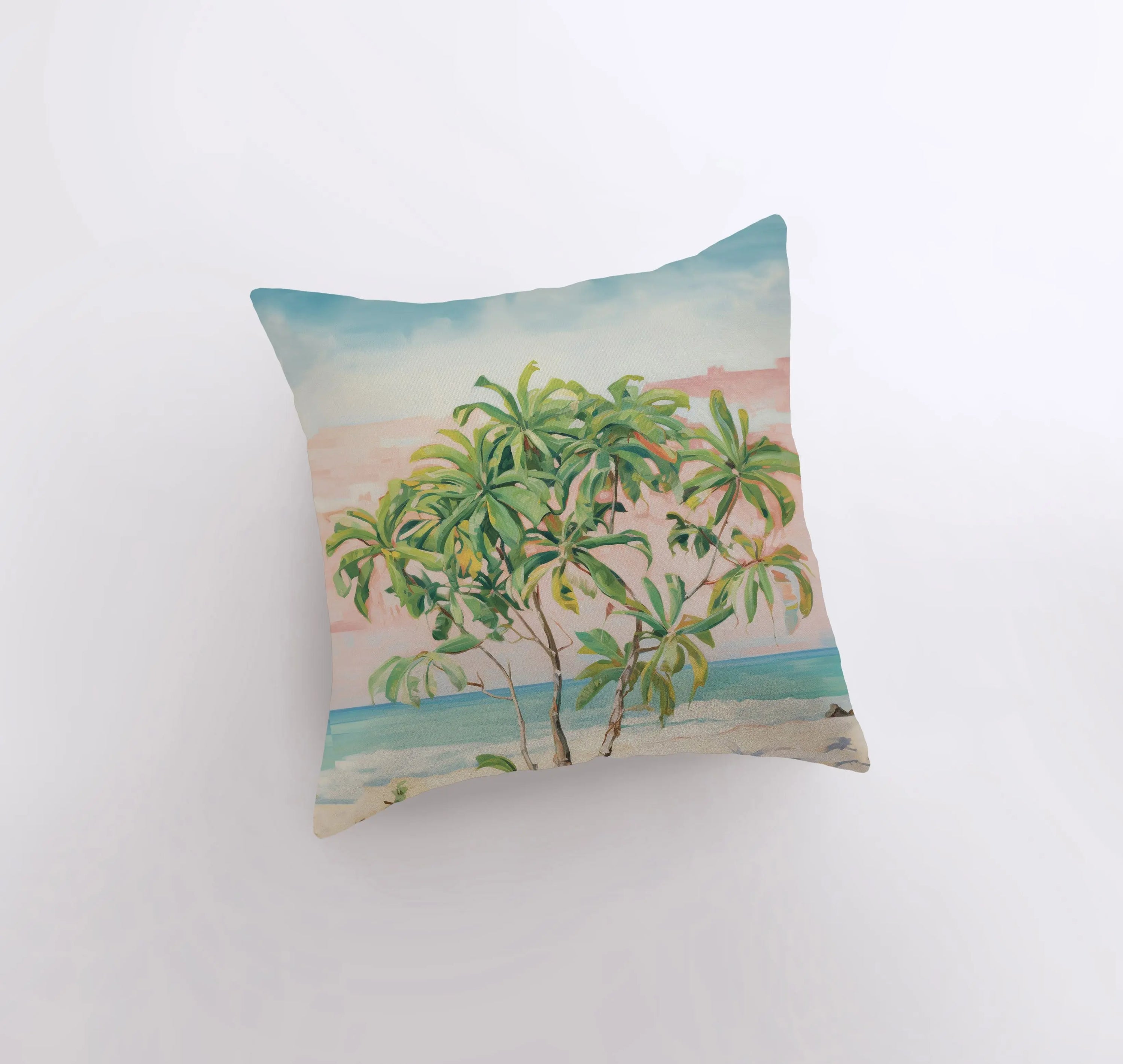 Sunset Beach Tree throw pillow featuring a palm tree design against a vibrant sunset, made from a cotton/polyester blend with a concealed zipper.