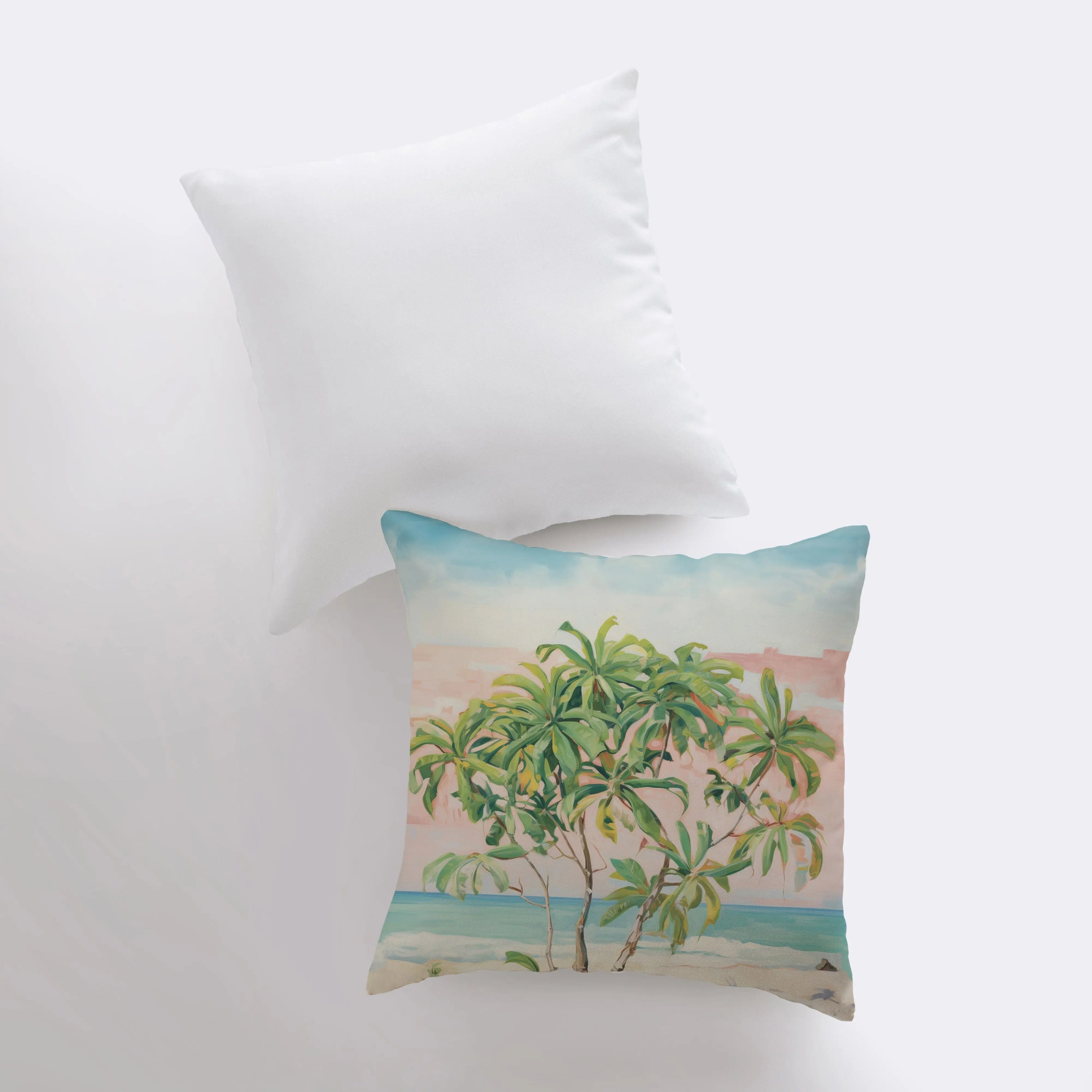 Sunset Beach Tree throw pillow featuring a palm tree design against a vibrant sunset, made from a cotton/polyester blend with a concealed zipper.