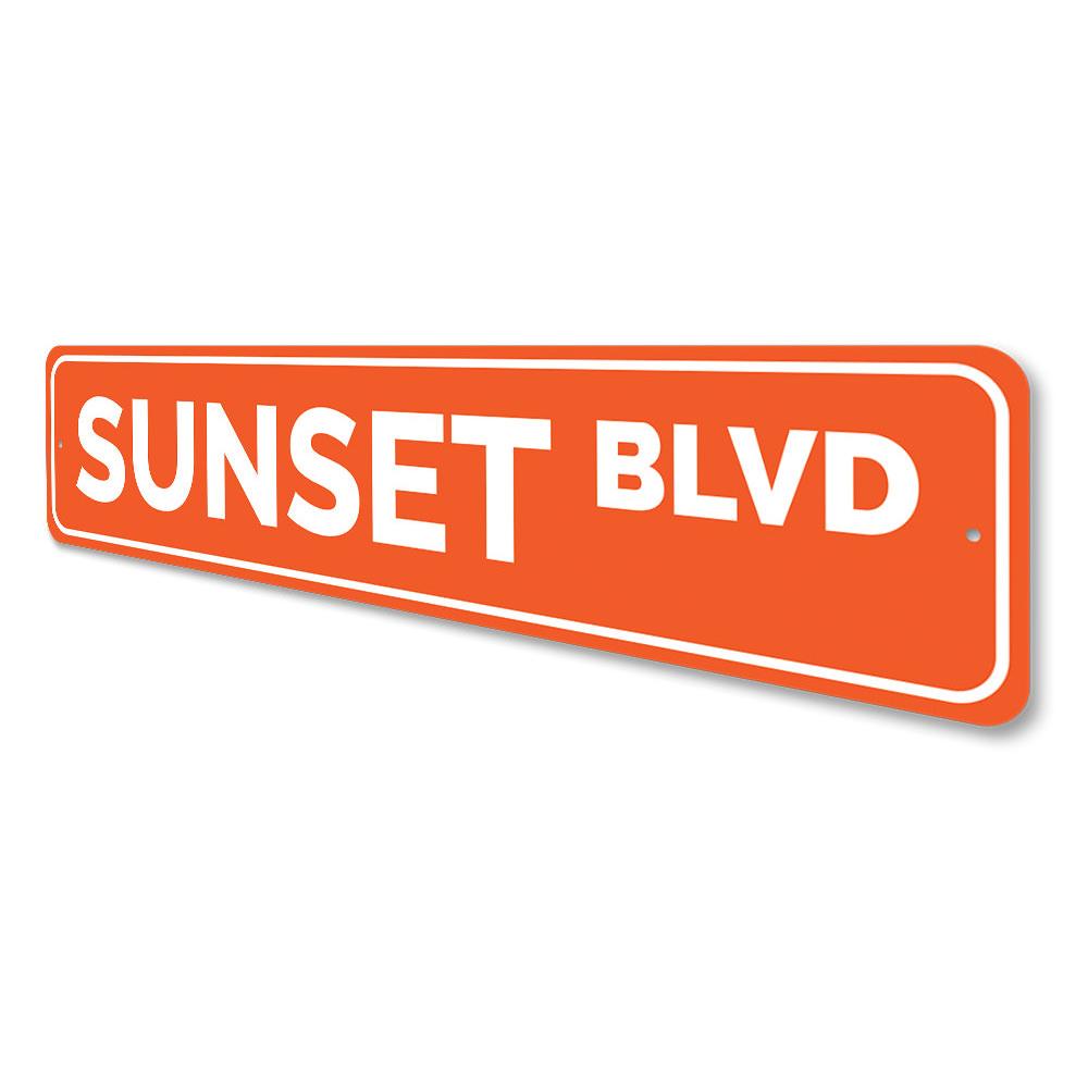 A vibrant Sunset Blvd Sign made of high-quality aluminum, featuring beach-themed design elements, perfect for coastal decor.