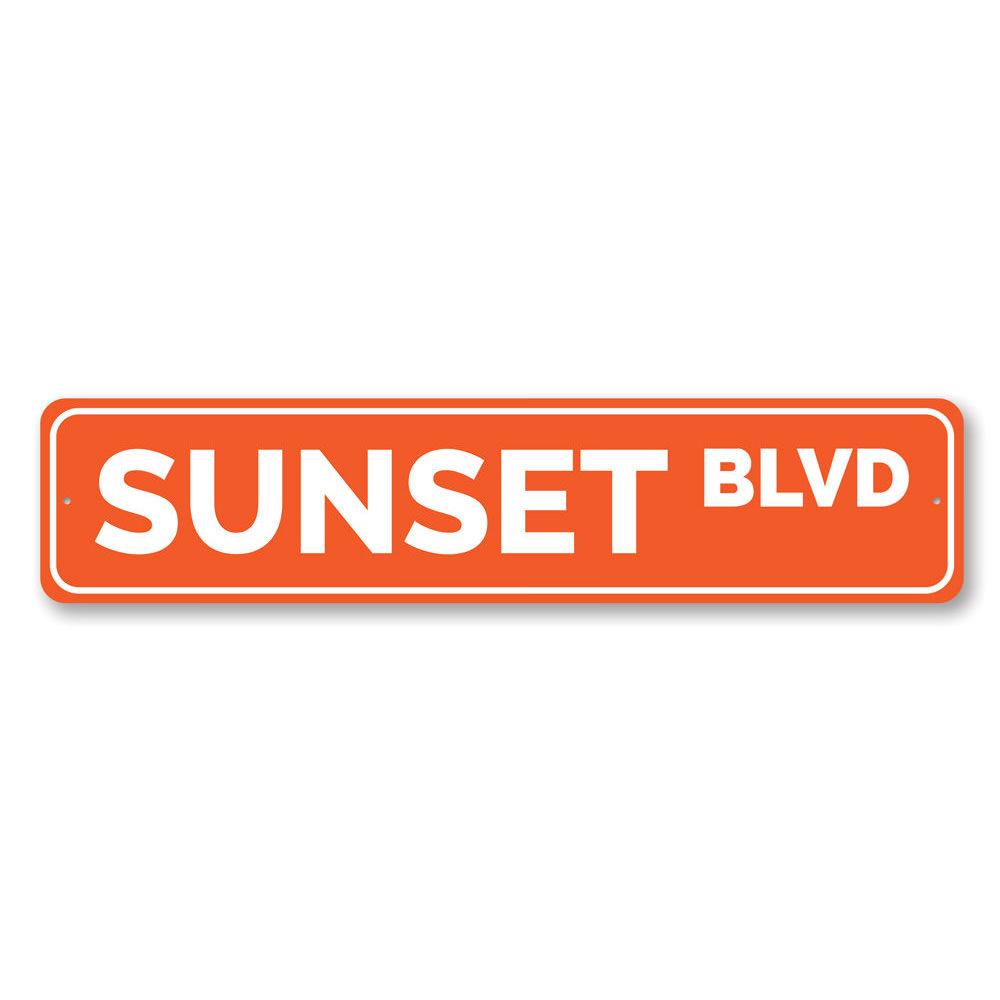 A vibrant Sunset Blvd Sign made of high-quality aluminum, featuring beach-themed design elements, perfect for coastal decor.