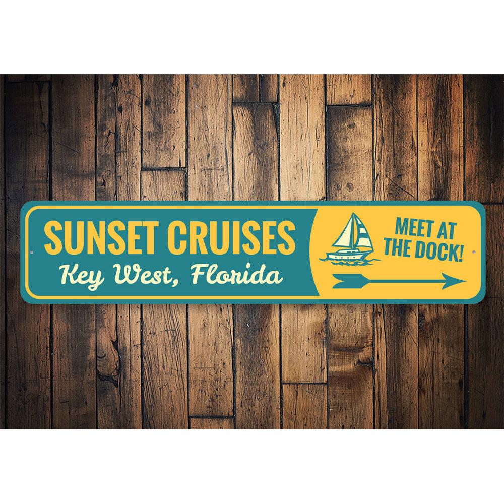 Sunset Cruises Key West Sign made of aluminum, featuring vibrant colors and a decorative design, perfect for wall decor.