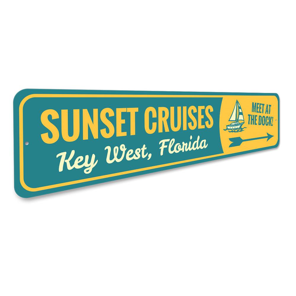 Sunset Cruises Key West Sign made of aluminum, featuring vibrant colors and a decorative design, perfect for wall decor.