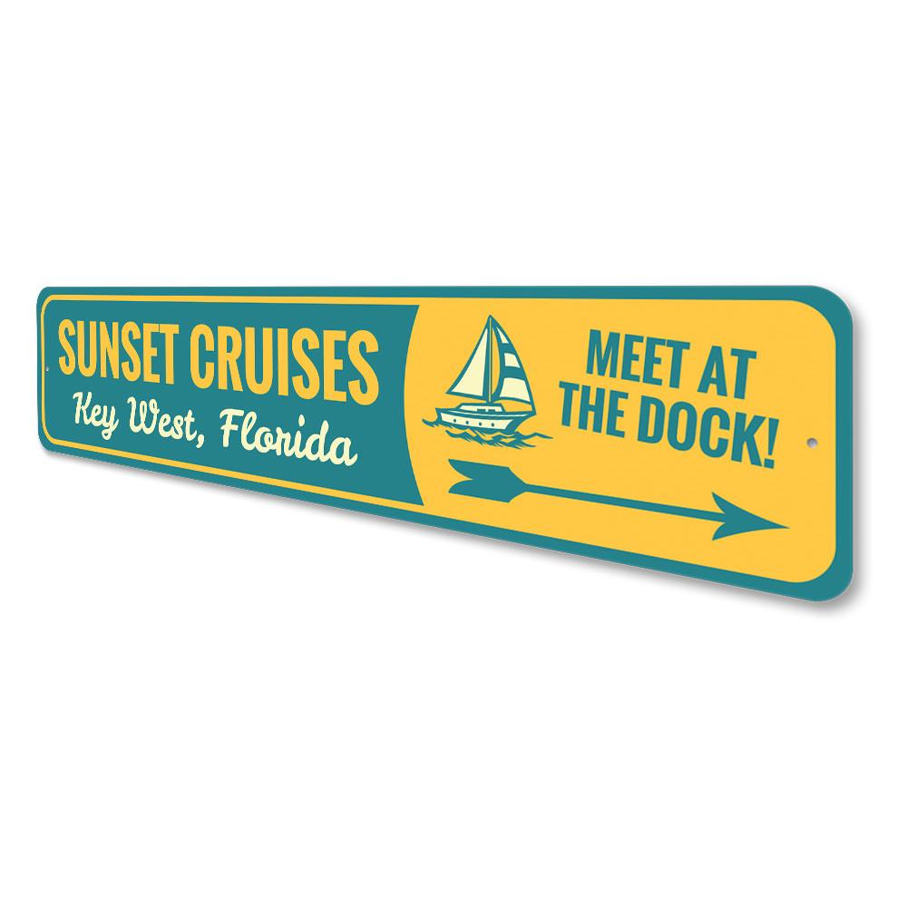 Sunset Cruises Key West Sign made of aluminum, featuring vibrant colors and a decorative design, perfect for wall decor.