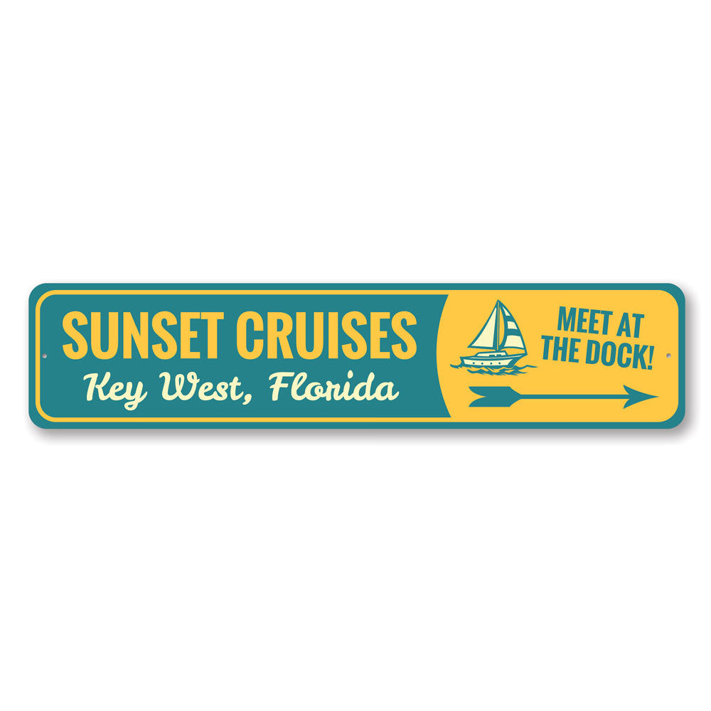 Sunset Cruises Key West Sign made of aluminum, featuring vibrant colors and a decorative design, perfect for wall decor.