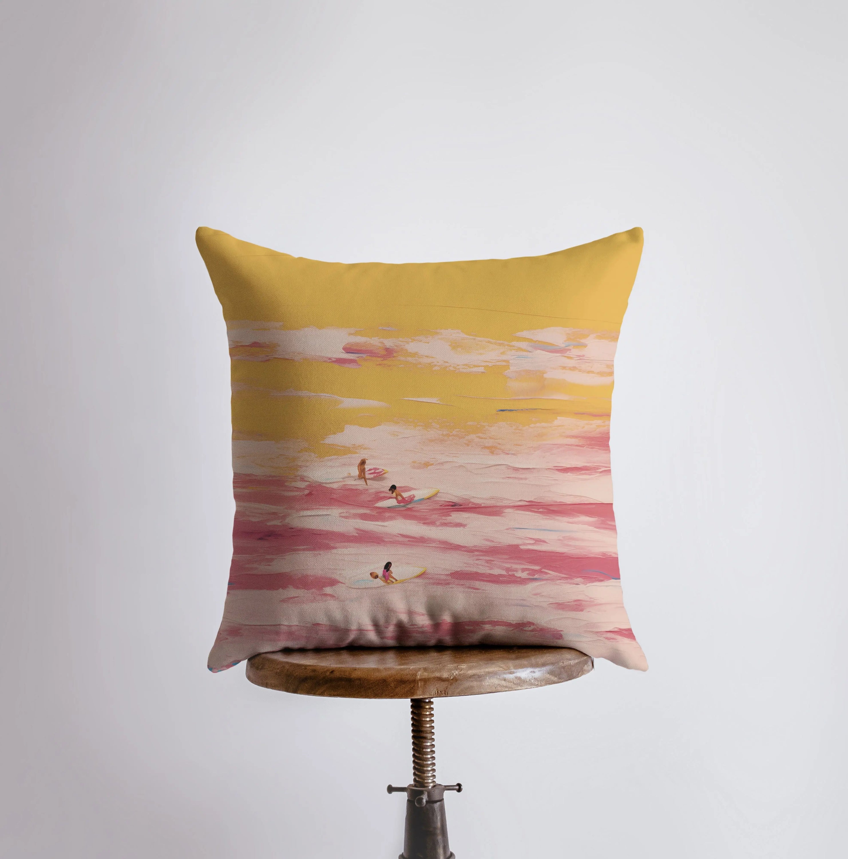 Sunset Surf abstract gouache painting throw pillow showcasing vibrant colors and a coastal theme, perfect for home decor.