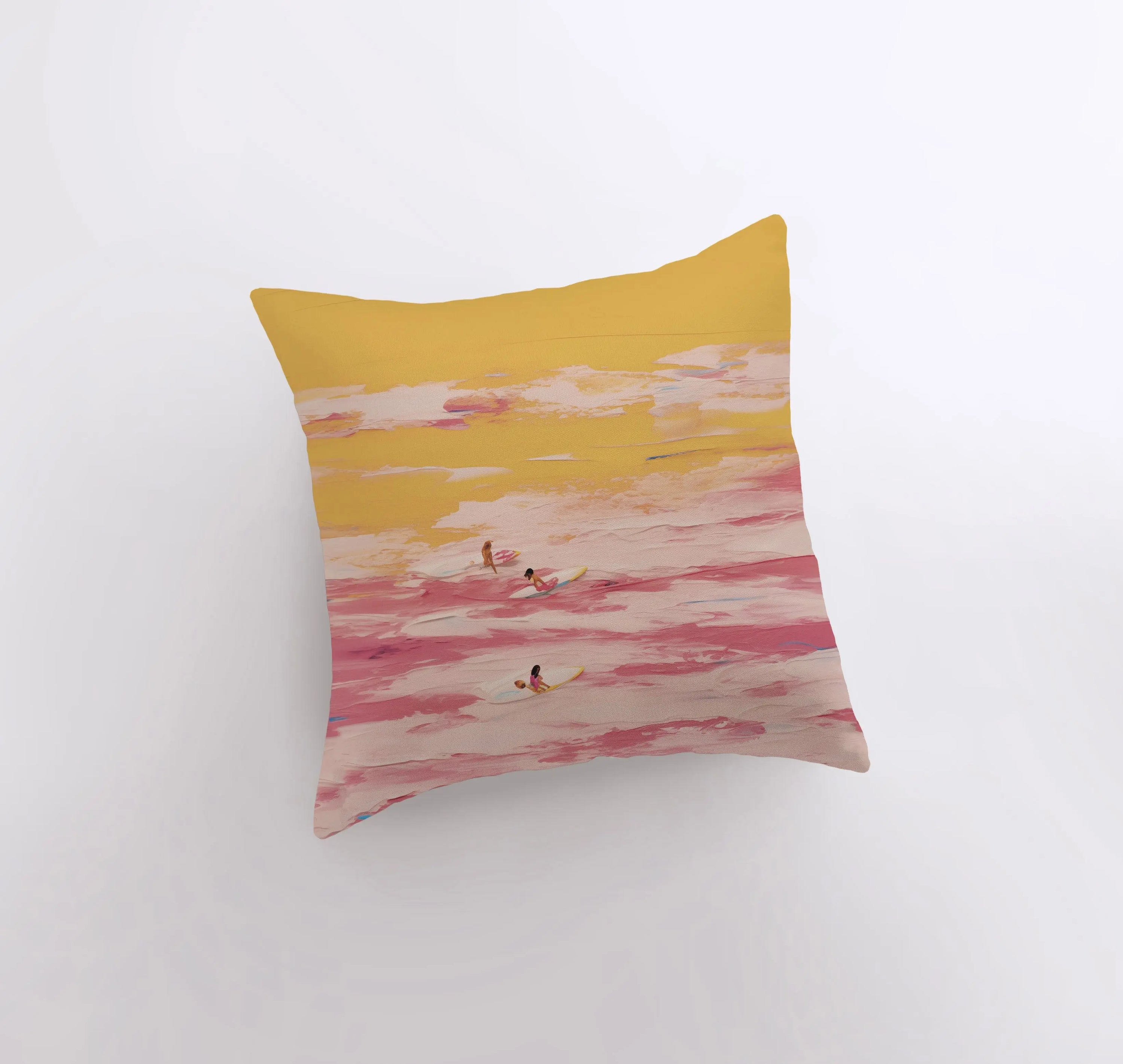 Sunset Surf abstract gouache painting throw pillow showcasing vibrant colors and a coastal theme, perfect for home decor.