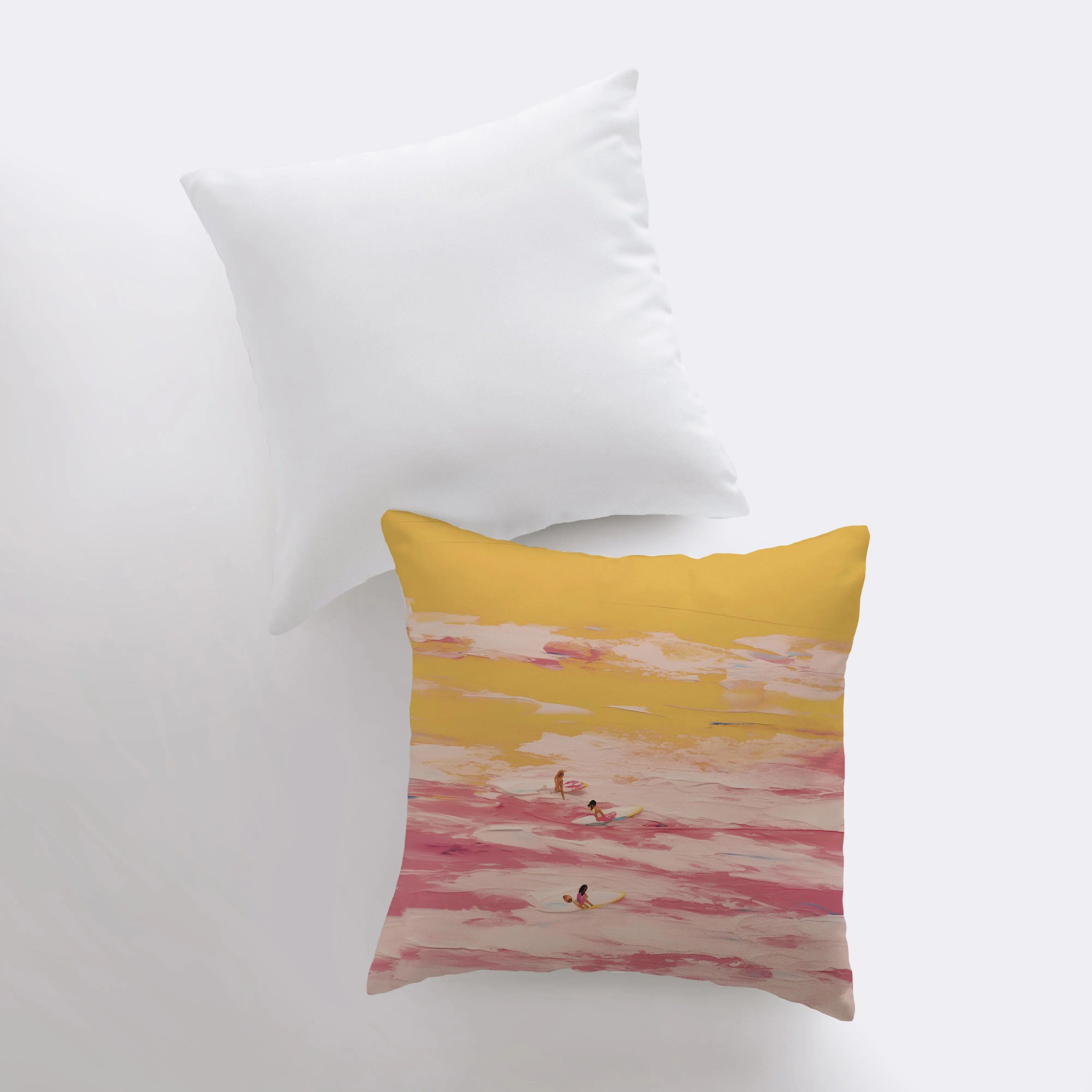 Sunset Surf abstract gouache painting throw pillow showcasing vibrant colors and a coastal theme, perfect for home decor.