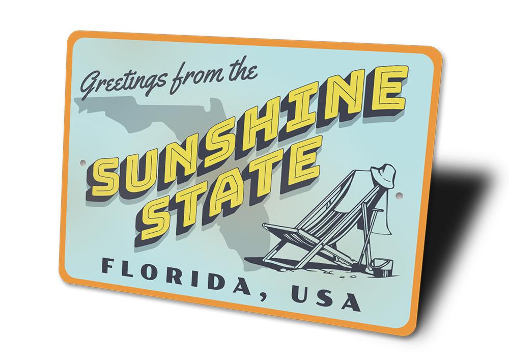 Sunshine State Greetings Sign made of high-quality aluminum, featuring vibrant colors and customizable text, perfect for beach-themed decor.