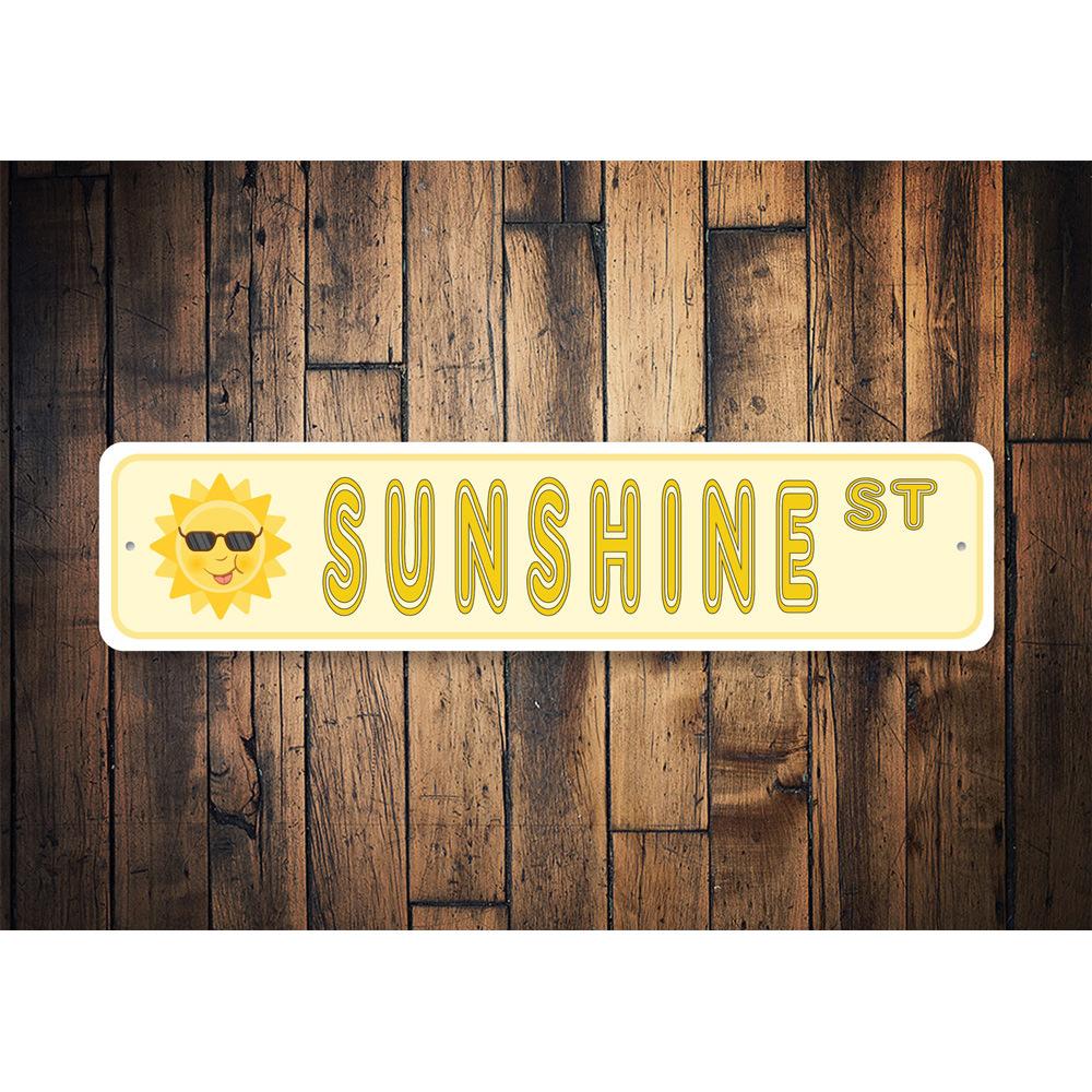 A vibrant Sunshine Street Sign made of high-quality aluminum, featuring a sunny design perfect for home decor.