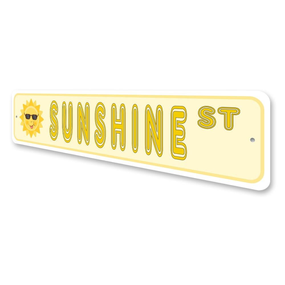 A vibrant Sunshine Street Sign made of high-quality aluminum, featuring a sunny design perfect for home decor.