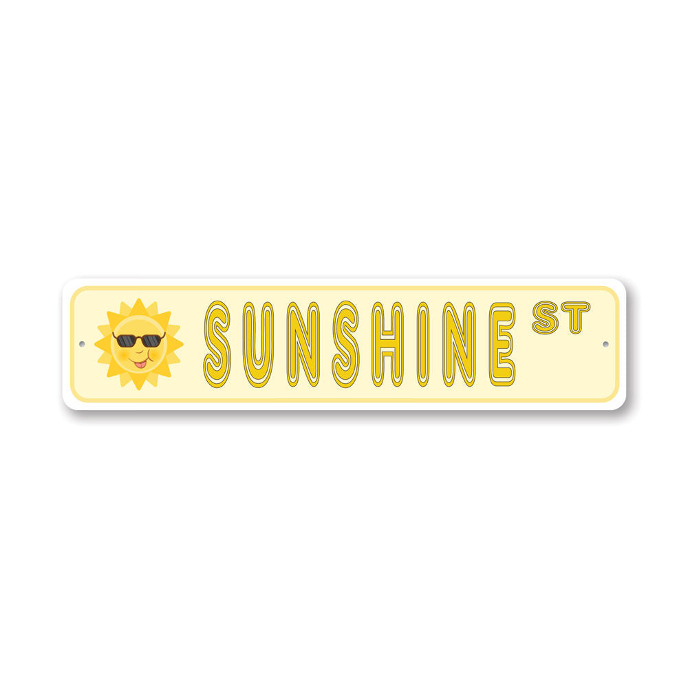 A vibrant Sunshine Street Sign made of high-quality aluminum, featuring a sunny design perfect for home decor.