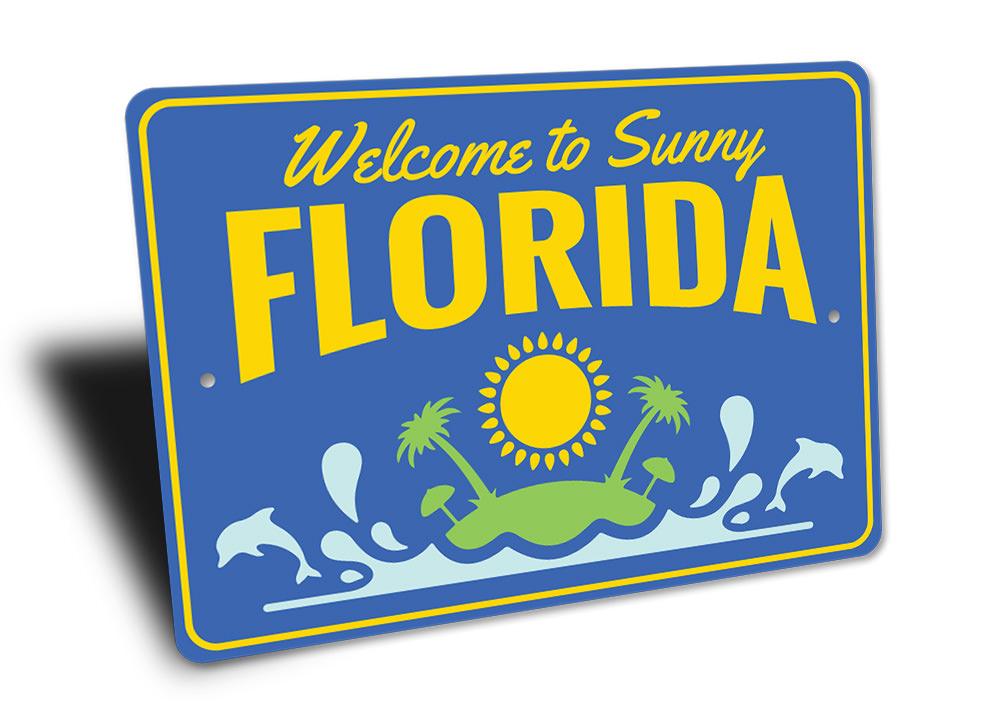 Sunny Florida Sign made of high-quality aluminum, featuring vibrant colors and a beach-themed design, perfect for coastal decor.