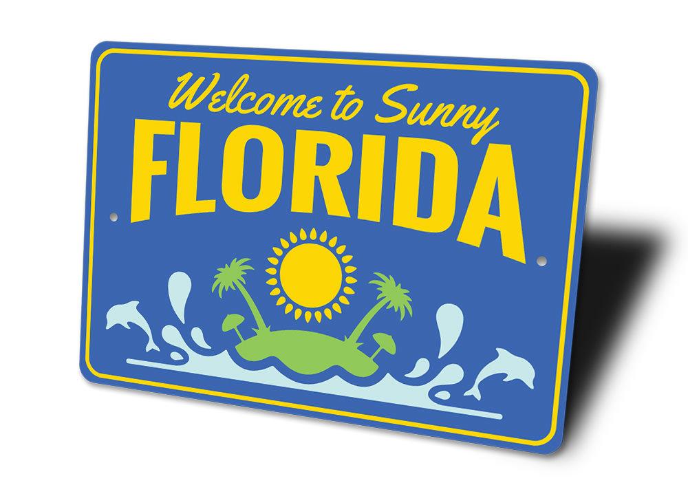 Sunny Florida Sign made of high-quality aluminum, featuring vibrant colors and a beach-themed design, perfect for coastal decor.