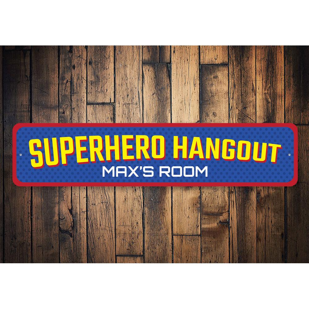 Colorful Superhero Hangout Sign made of durable aluminum, featuring vibrant designs perfect for children's rooms.