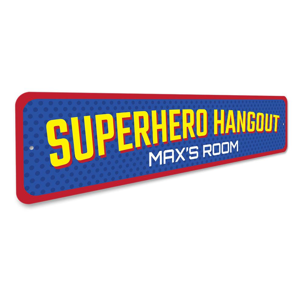 Colorful Superhero Hangout Sign made of durable aluminum, featuring vibrant designs perfect for children's rooms.