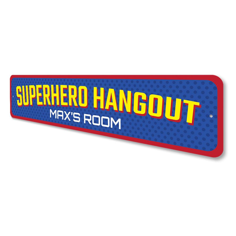 Colorful Superhero Hangout Sign made of durable aluminum, featuring vibrant designs perfect for children's rooms.