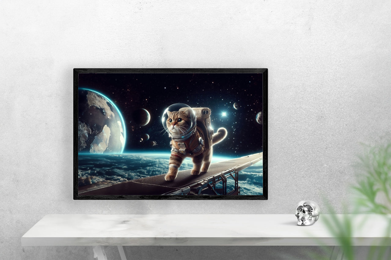 Surreal Space Cat 1 Poster Print framed in a sleek MDF wood frame, showcasing vibrant colors and a whimsical design.