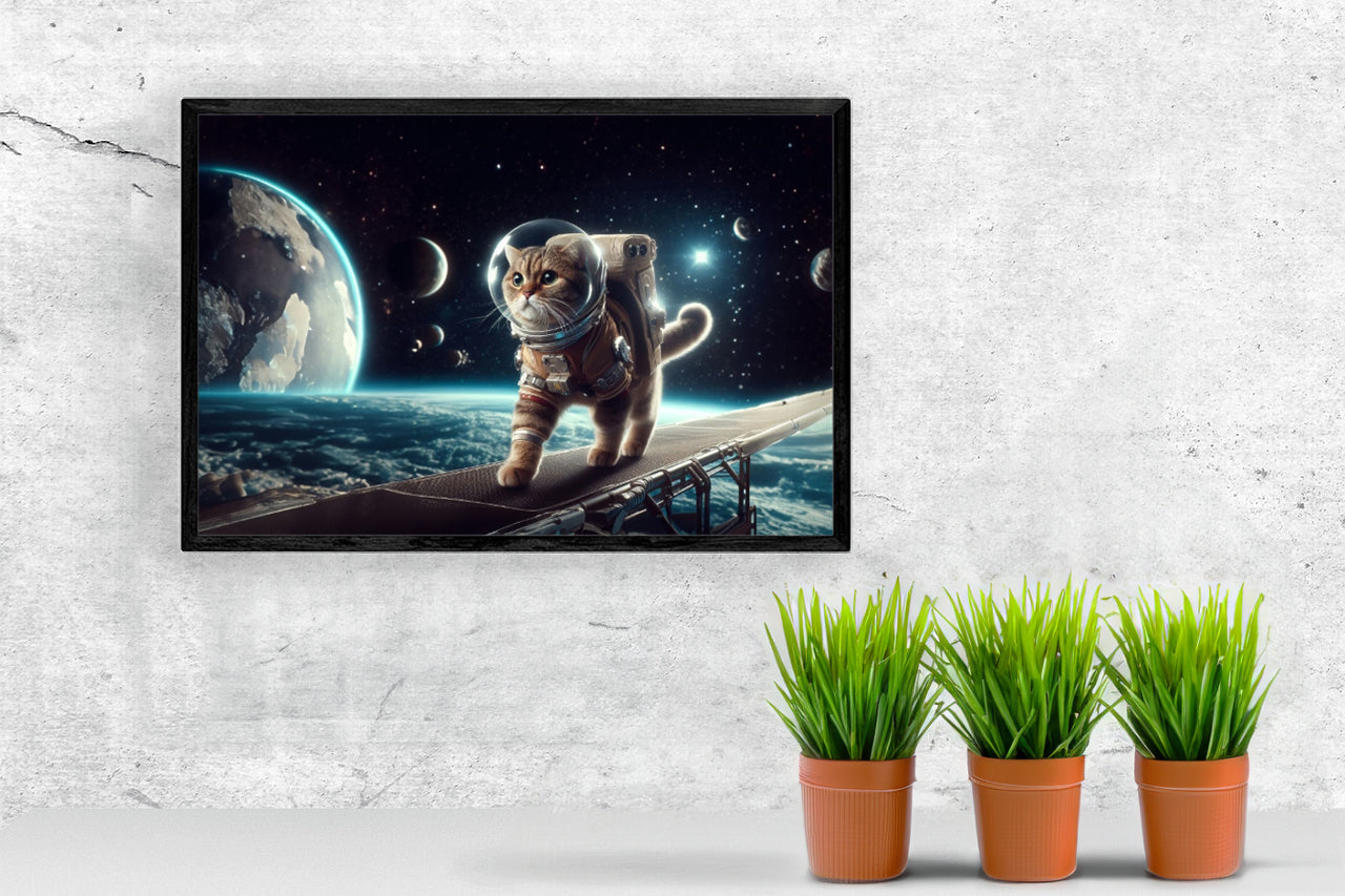 Surreal Space Cat 1 Poster Print framed in a sleek MDF wood frame, showcasing vibrant colors and a whimsical design.