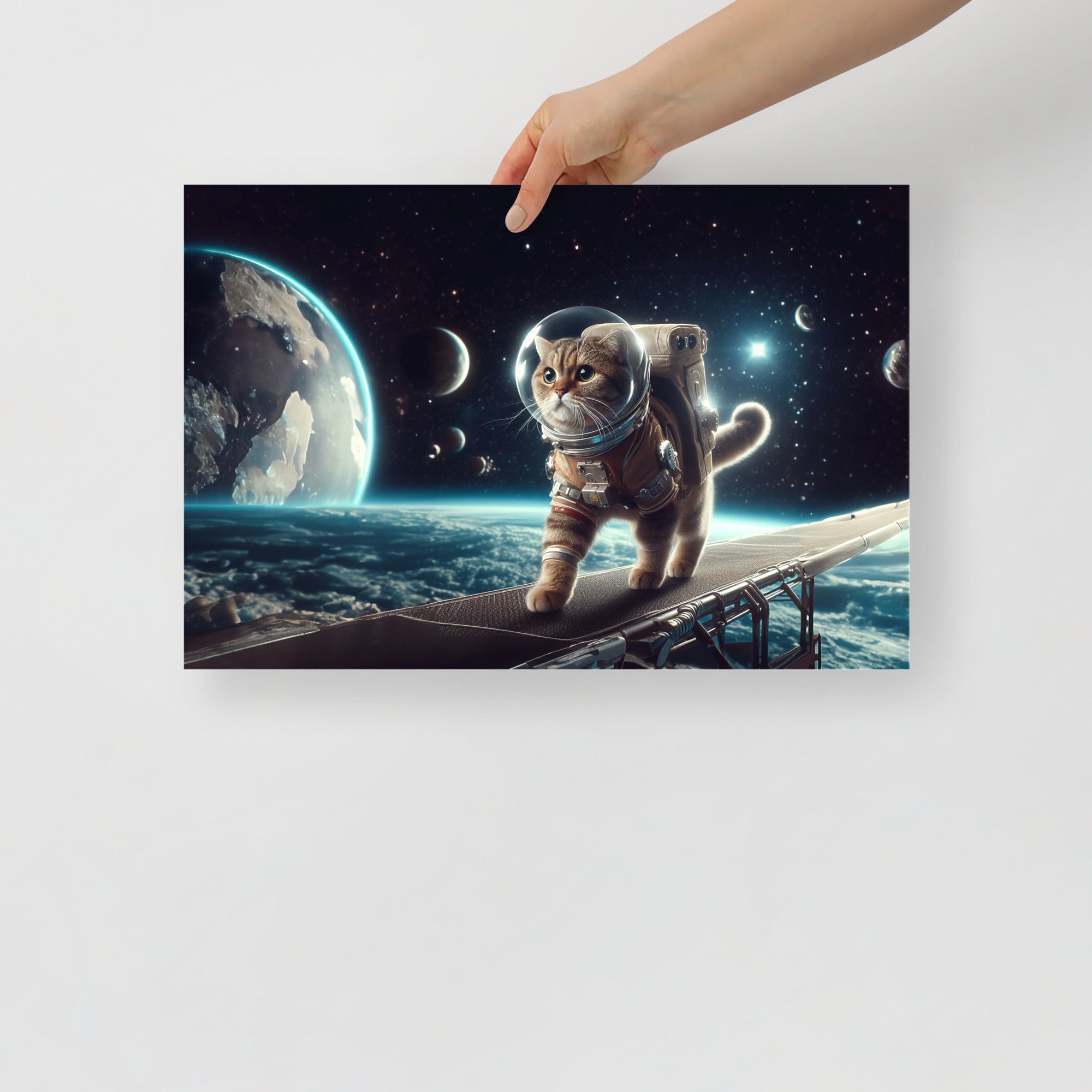 Surreal Space Cat 1 Poster Print framed in a sleek MDF wood frame, showcasing vibrant colors and a whimsical design.