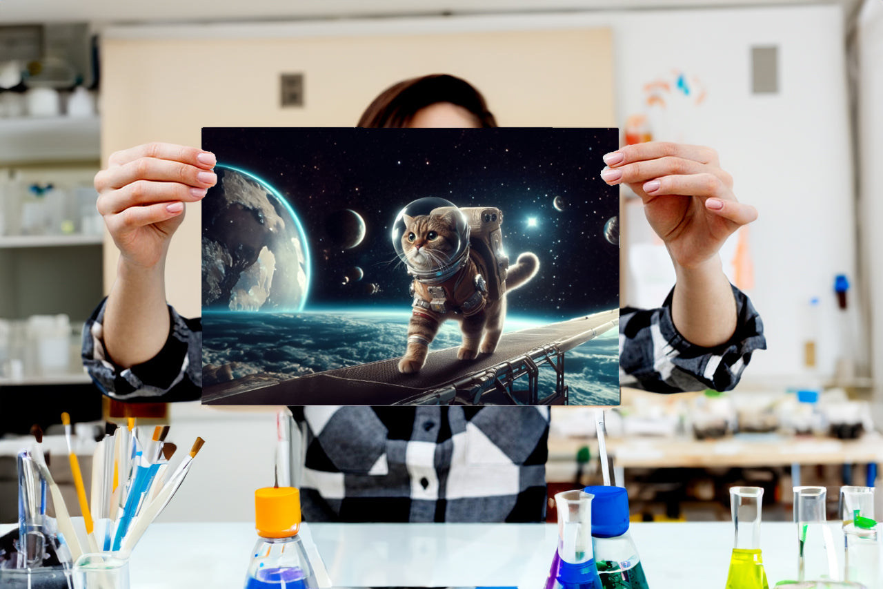 Surreal Space Cat 1 Poster Print framed in a sleek MDF wood frame, showcasing vibrant colors and a whimsical design.