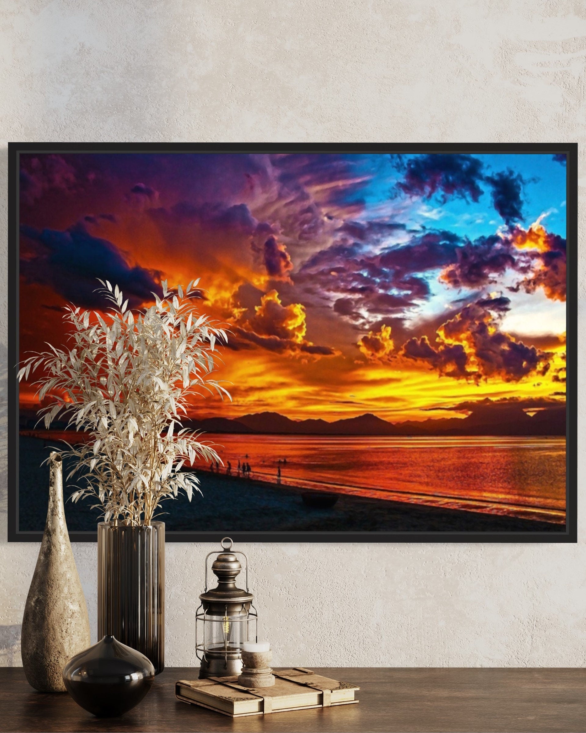 A stunning Surreal Sunset Print depicting a golden sun setting over tranquil waters, with vibrant hues of orange, pink, purple, and blue in the sky.