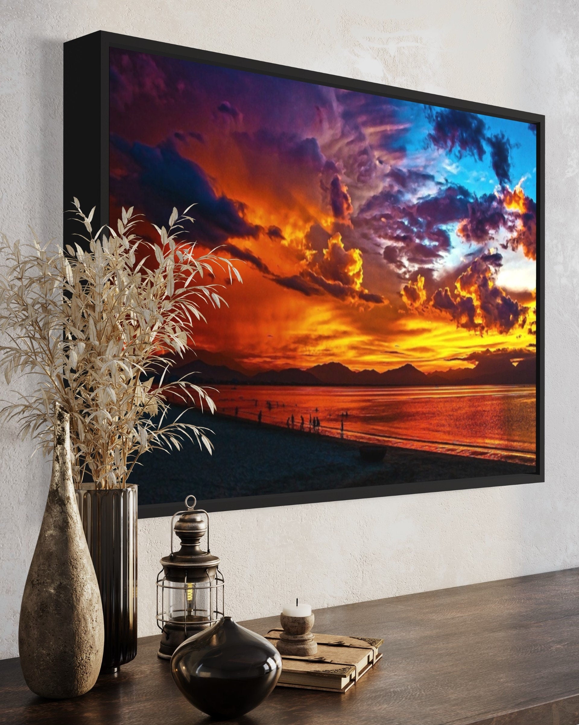 A stunning Surreal Sunset Print depicting a golden sun setting over tranquil waters, with vibrant hues of orange, pink, purple, and blue in the sky.