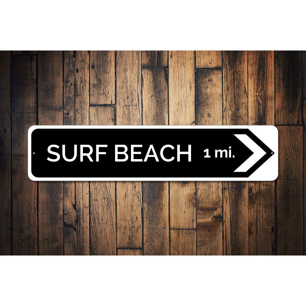 Surf Beach Arrow Sign made of high-quality aluminum, featuring a coastal design perfect for beach houses and restaurants.