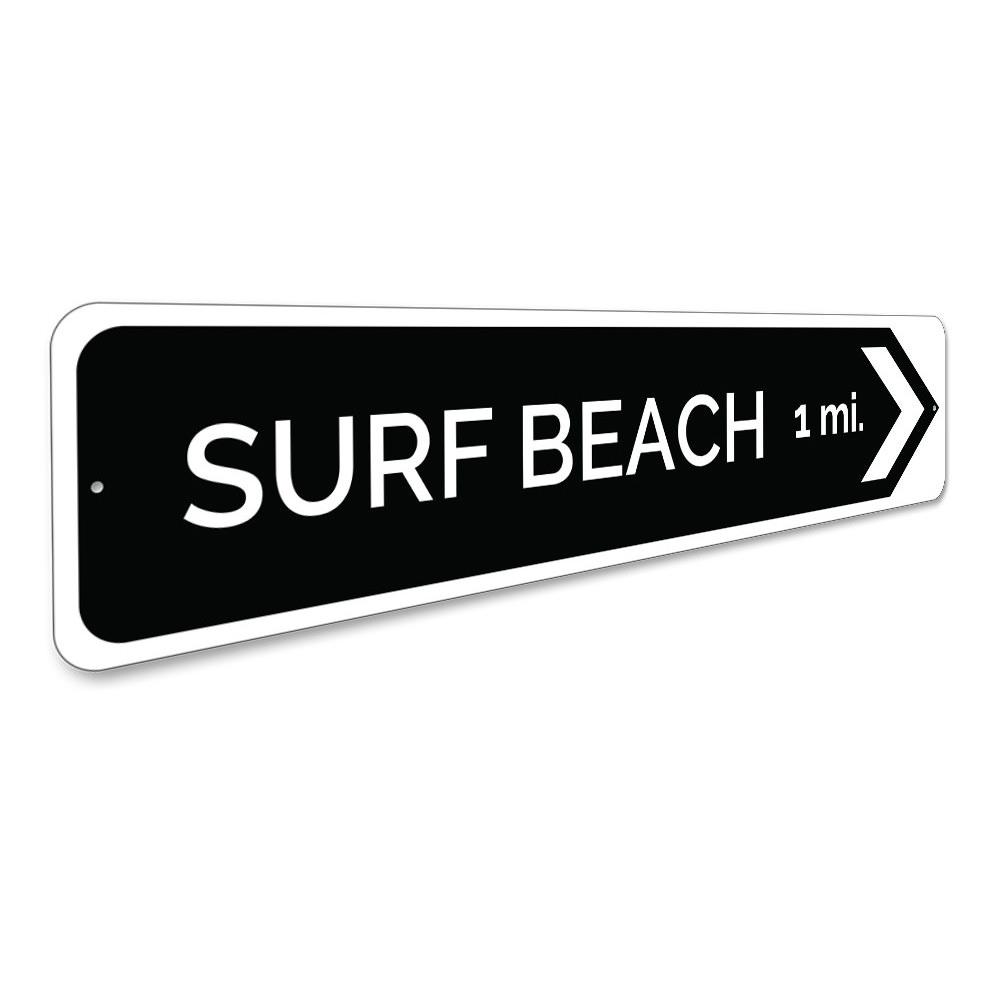 Surf Beach Arrow Sign made of high-quality aluminum, featuring a coastal design perfect for beach houses and restaurants.