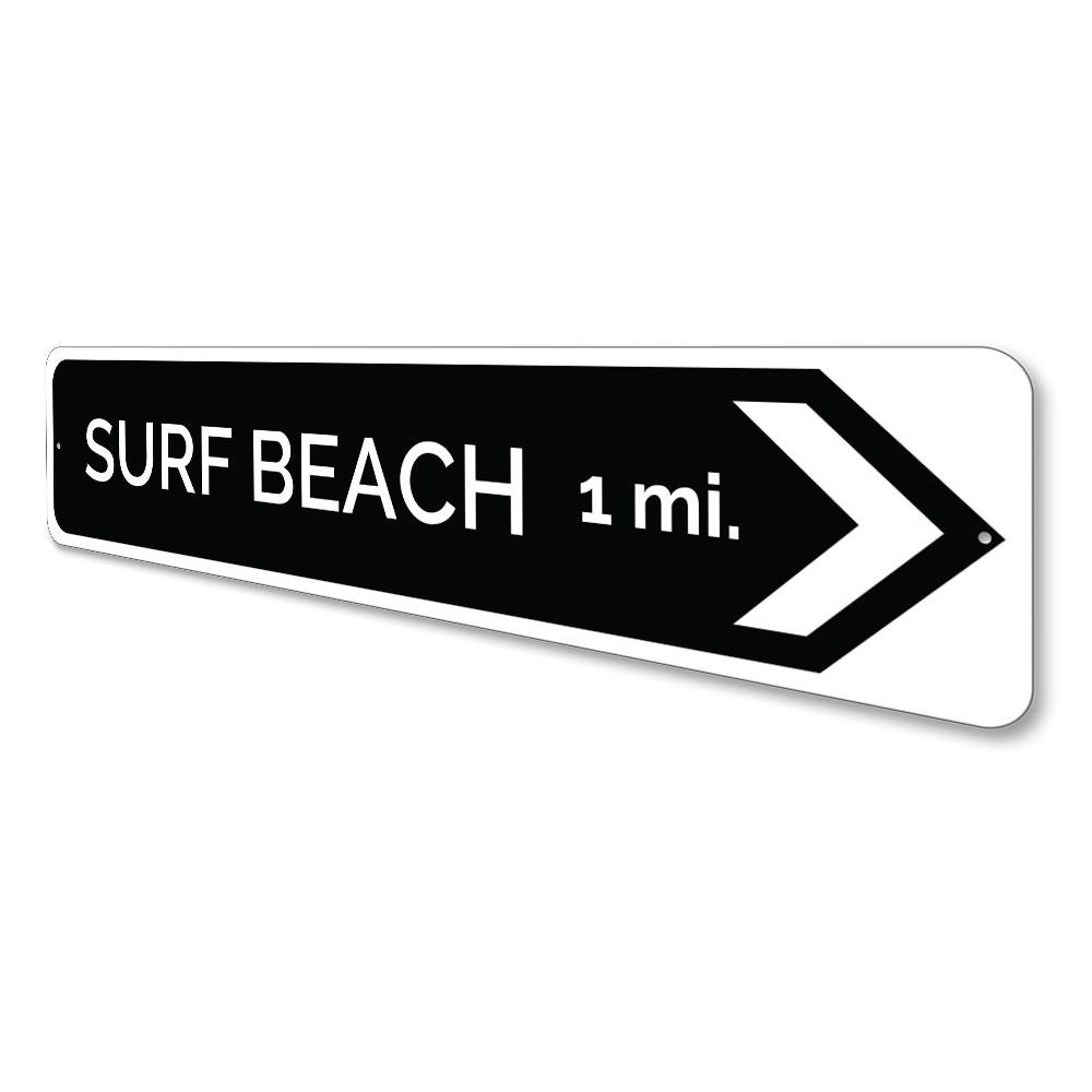 Surf Beach Arrow Sign made of high-quality aluminum, featuring a coastal design perfect for beach houses and restaurants.