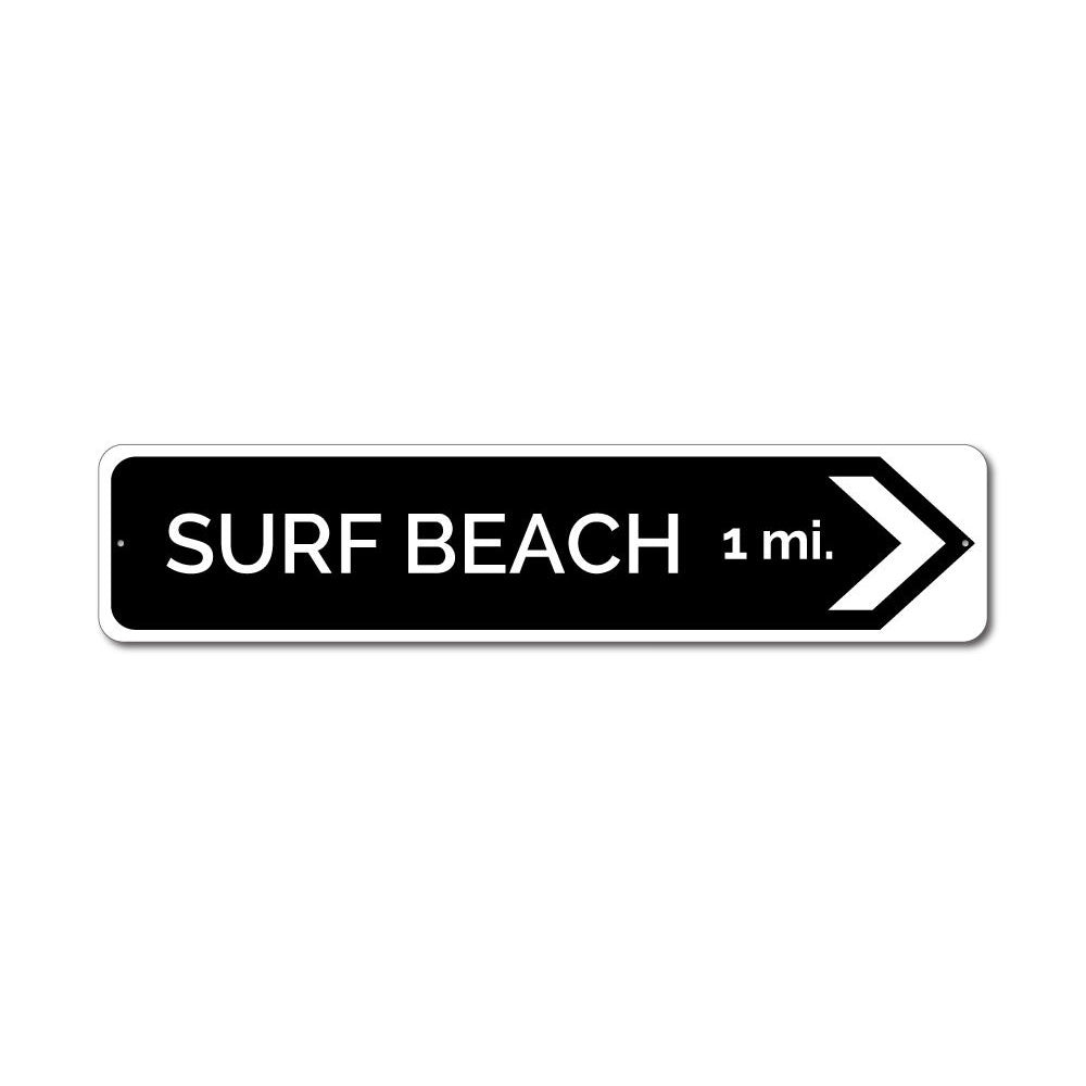 Surf Beach Arrow Sign made of high-quality aluminum, featuring a coastal design perfect for beach houses and restaurants.