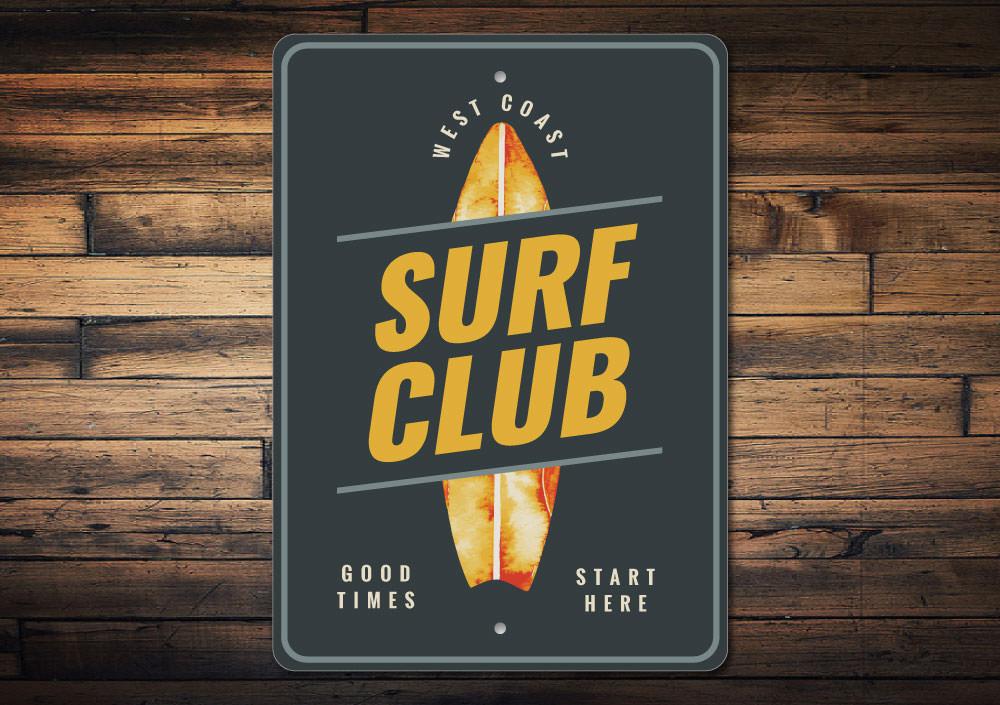 A vibrant Surf Club Sign made of high-quality aluminum, featuring beach-themed graphics, perfect for coastal decor.