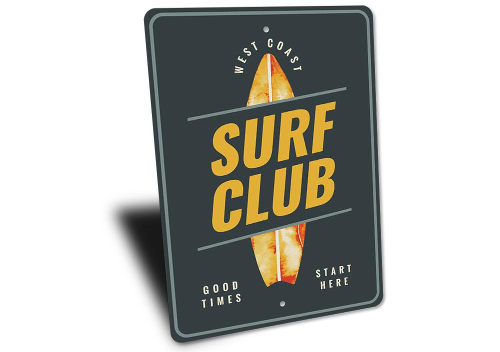 A vibrant Surf Club Sign made of high-quality aluminum, featuring beach-themed graphics, perfect for coastal decor.