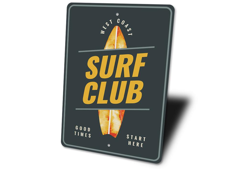 A vibrant Surf Club Sign made of high-quality aluminum, featuring beach-themed graphics, perfect for coastal decor.