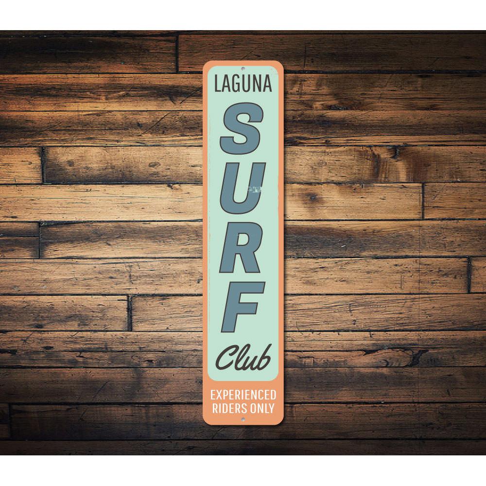 Surf Club Vertical Sign made of durable aluminum, featuring customizable text, perfect for beach-themed decor.