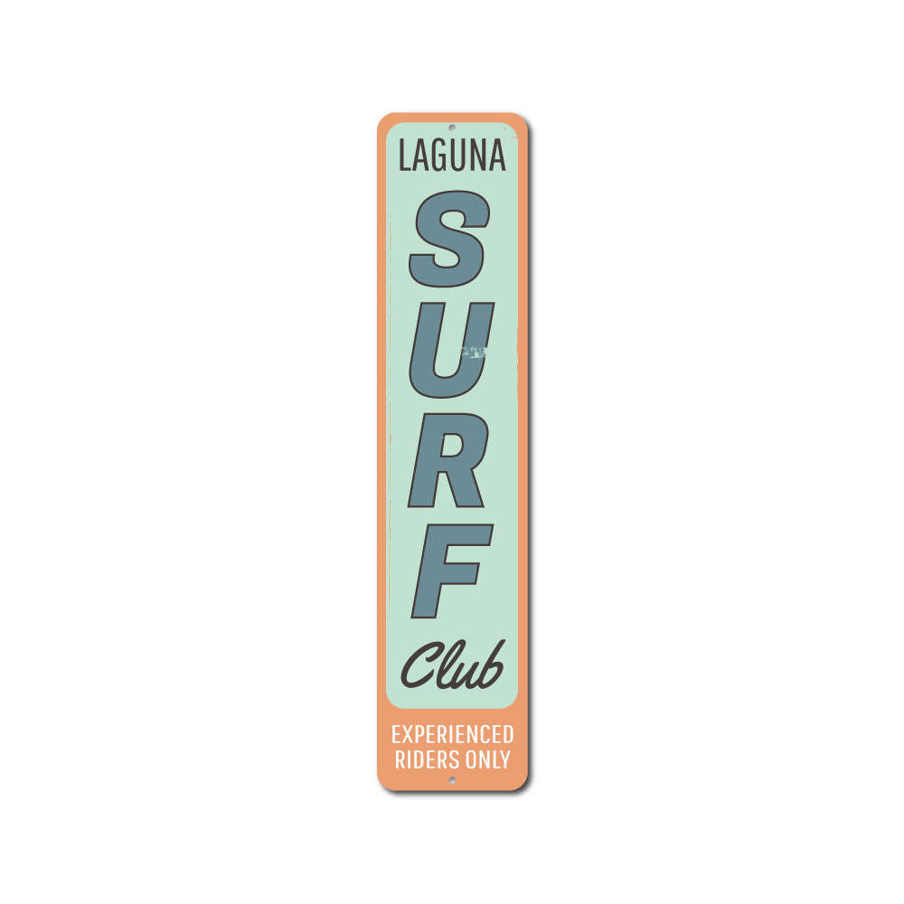 Surf Club Vertical Sign made of durable aluminum, featuring customizable text, perfect for beach-themed decor.