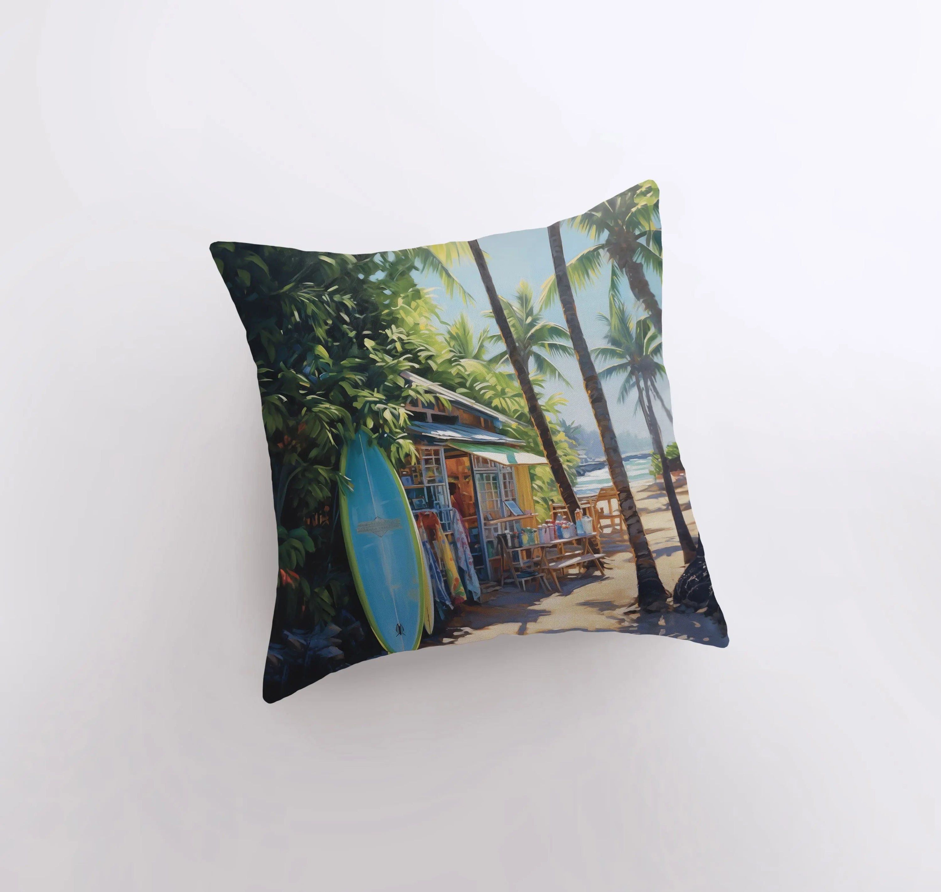 Surf Hut throw pillow featuring a vibrant gouache painting of a surfboard and palm tree, perfect for coastal decor.