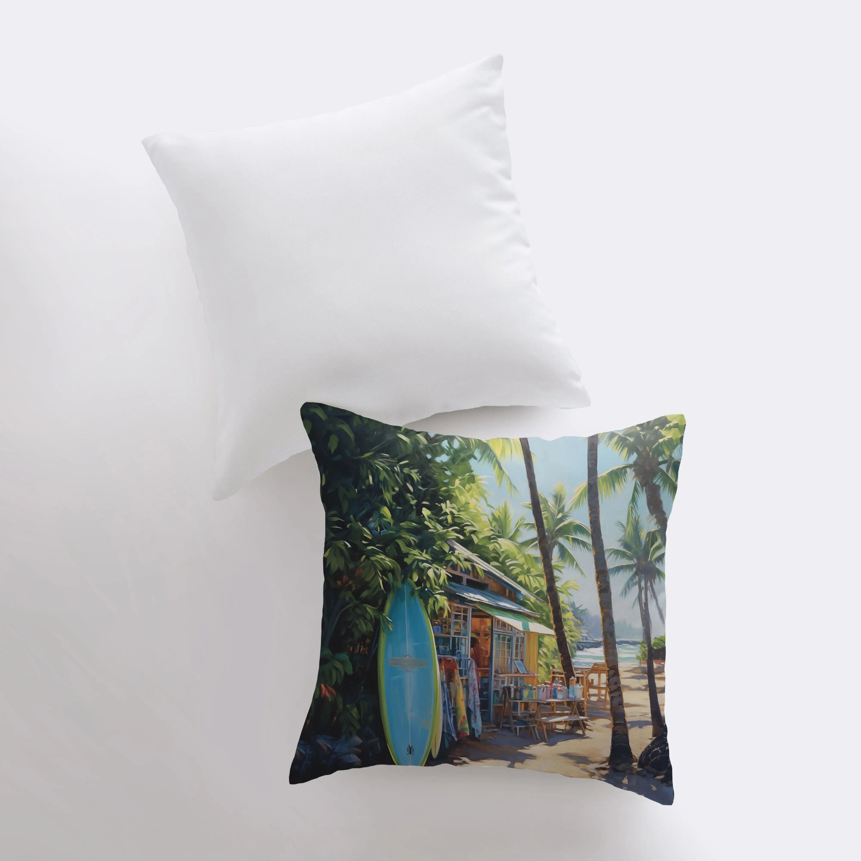 Surf Hut throw pillow featuring a vibrant gouache painting of a surfboard and palm tree, perfect for coastal decor.