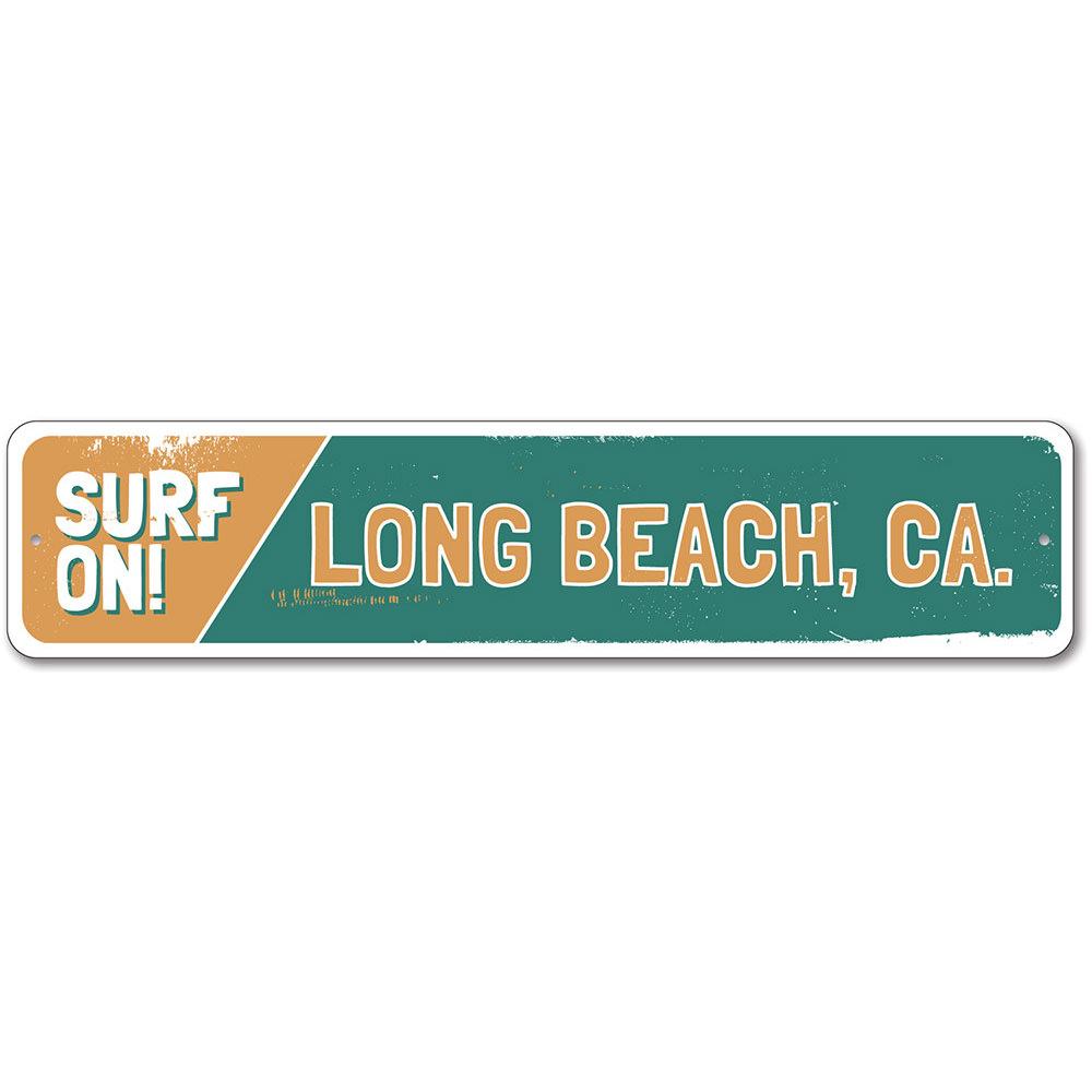 A vibrant Surf On Sign made of aluminum, featuring beach-themed graphics, perfect for coastal decor.