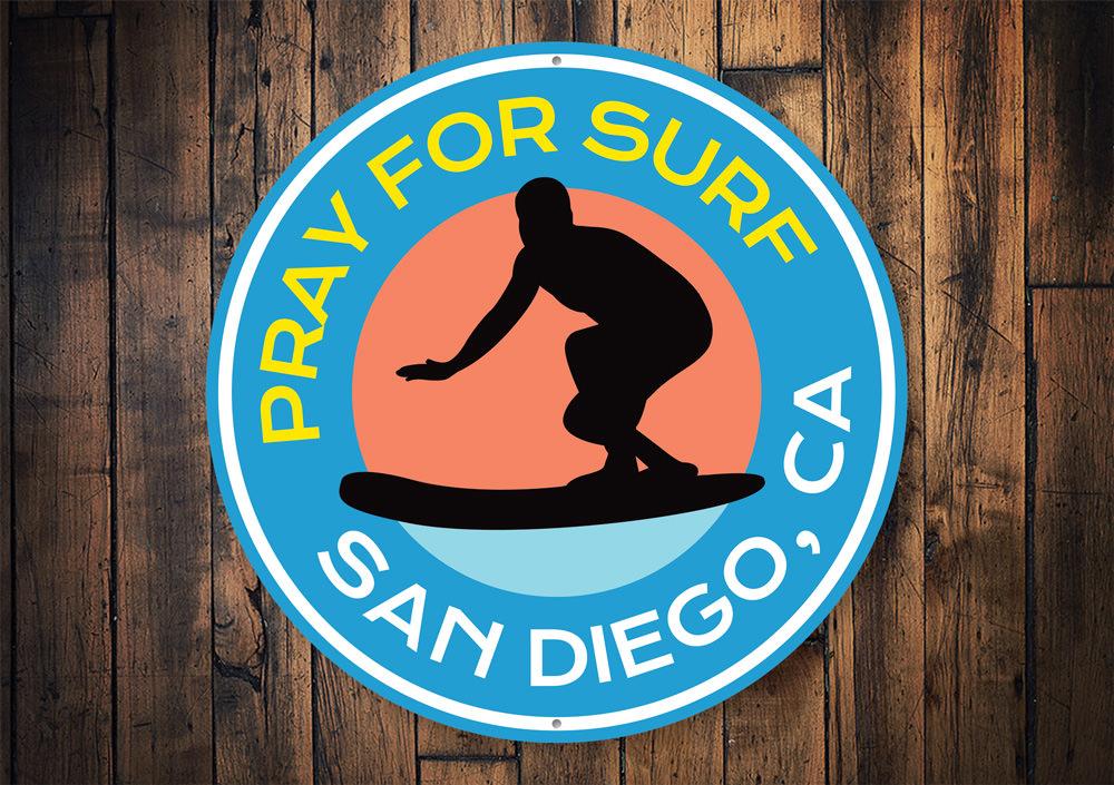 Surf Prayer Sign made of high-quality aluminum, featuring a beach-themed design, perfect for coastal decor.