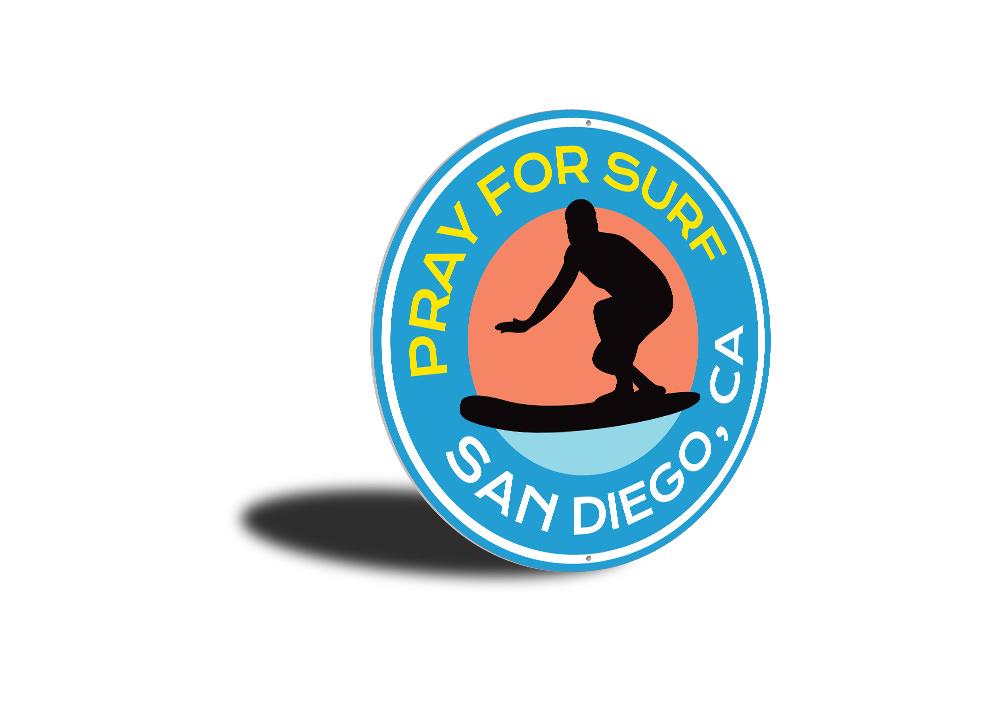 Surf Prayer Sign made of high-quality aluminum, featuring a beach-themed design, perfect for coastal decor.