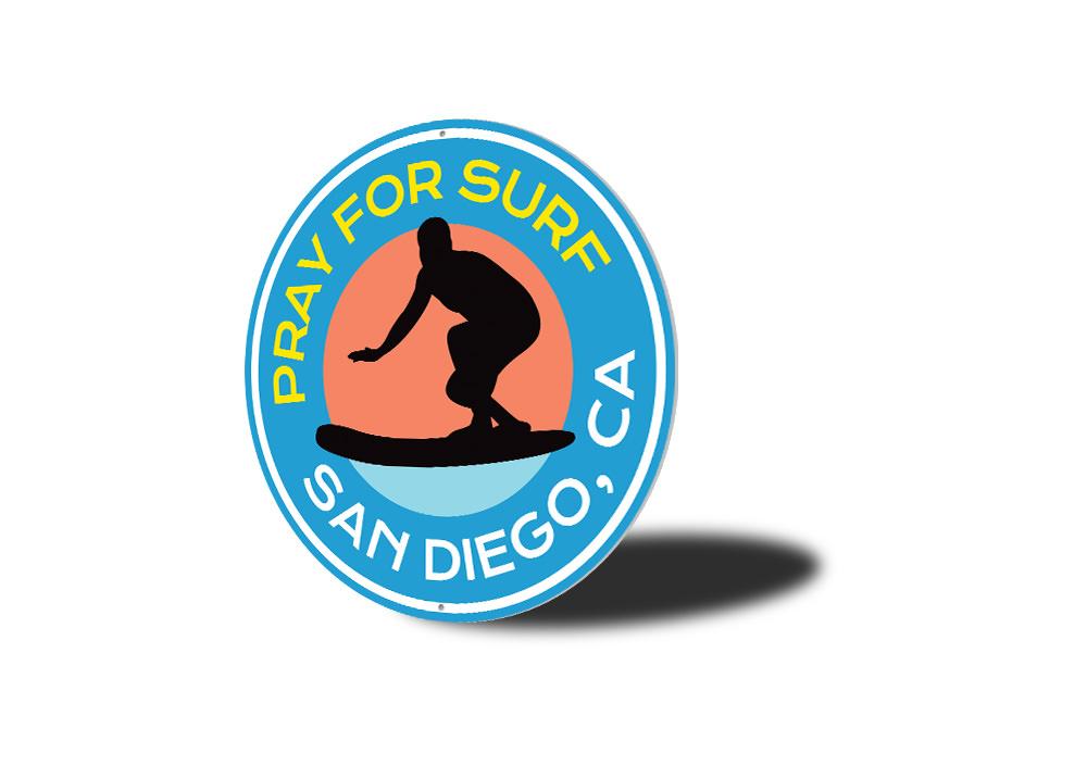 Surf Prayer Sign made of high-quality aluminum, featuring a beach-themed design, perfect for coastal decor.