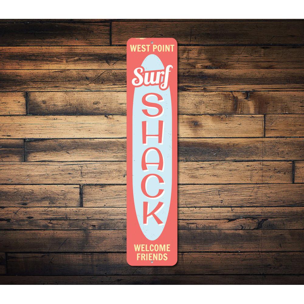 Surf Shack Welcome Friends Sign made of high-quality aluminum, featuring a beach-themed design perfect for coastal decor.